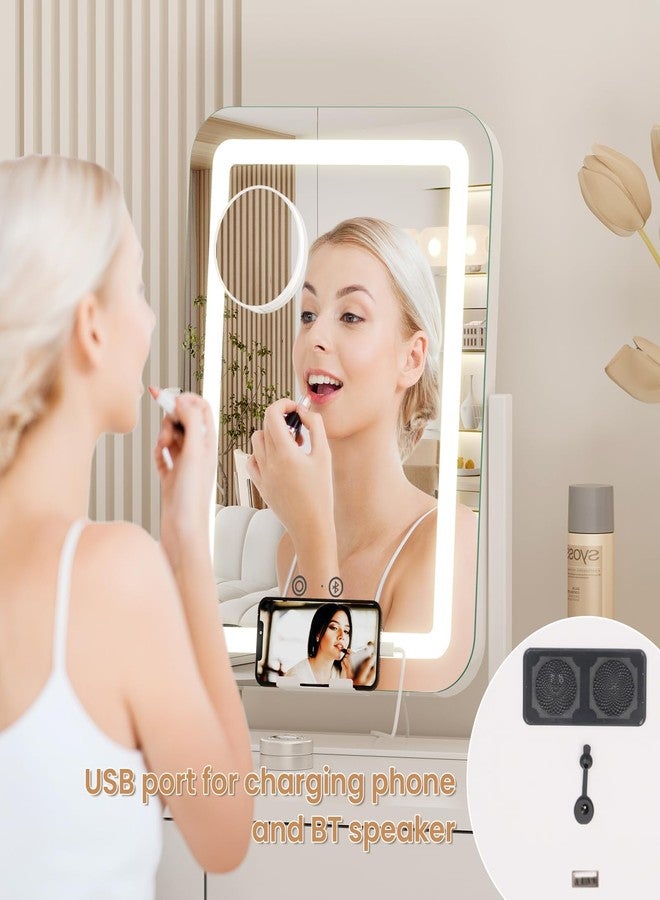 Dripex Lighted Makeup Mirror with Bluetooth Speaker & 12V 2A USB Charging Port, LED Vanity Mirror with Lights 3 Colors Dimmable, 15"x12" with Phone Holder Touch Keys 10X Magnification - Image 3